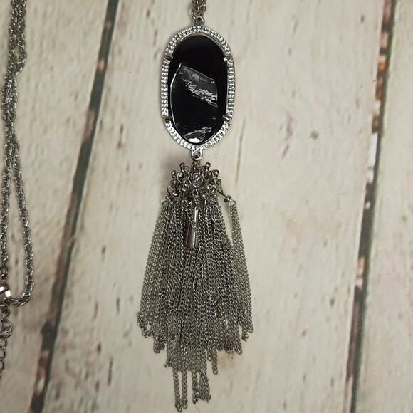Vintage Inspired Long Oval Necklace w/ Black Insert and Silver Tone Chain Tassel - Picture 1 of 8